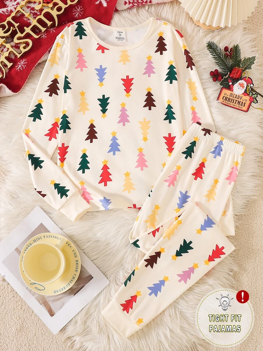Piyama Remaja Perempuan 2 potong Motif Pohon Natal Musim Gugur/Dingin Pas Badan Lengan Panjang Celana Panjang Atasan Leher Bulat - Aprikot - View 1
