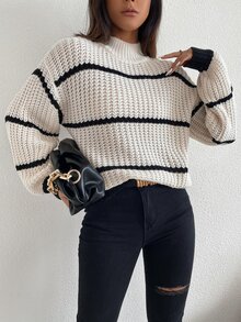 LUMIGAL 条纹高领落肩毛衣，女士春秋休闲长袖宽松米色落肩套头衫，女士毛衣，长袖针织套头衫秋冬款 - 米色 - 查看 7