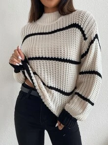 LUMIGAL 条纹高领落肩毛衣，女士春秋休闲长袖宽松米色落肩套头衫，女士毛衣，长袖针织套头衫秋冬款 - 米色 - 查看 5
