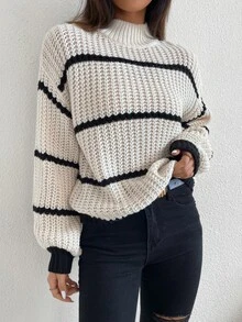 LUMIGAL 条纹高领落肩毛衣，女士春秋休闲长袖宽松米色落肩套头衫，女士毛衣，长袖针织套头衫秋冬款 - 米色 - 查看 6