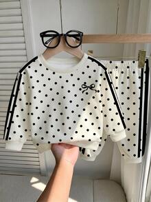 SHEIN 1 Set Baby Girls Cute Polka Dot & Bow Print Fuzzy Crew Neck Long Sleeve Pullover Sweatshirt And Matching Sweatpants Set, Suitable For Autumn/Winter - Multicolor - View 3