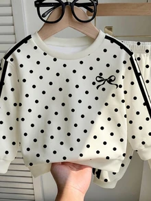 SHEIN 1 Set Baby Girls Cute Polka Dot & Bow Print Fuzzy Crew Neck Long Sleeve Pullover Sweatshirt And Matching Sweatpants Set, Suitable For Autumn/Winter - Multicolor - View 4