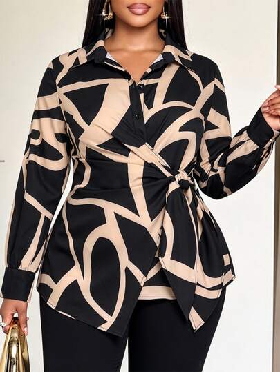 SOLERSUN Plus Size Women's Abstract Geometric Print Tie Waist Ruched Wrap Blouse, Long Sleeve Collared Business Casual Elegant Button-Down Shirt Black Fall