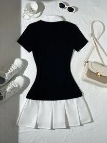 Elamini Women's Elegant Color Block Short Sleeve Work Dress, Summer - Black and White - View 2