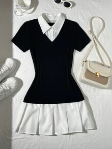 Elamini Women's Elegant Color Block Short Sleeve Work Dress, Summer - Black and White - View 4