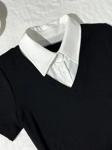 Elamini Women's Elegant Color Block Short Sleeve Work Dress, Summer - Black and White - View 5