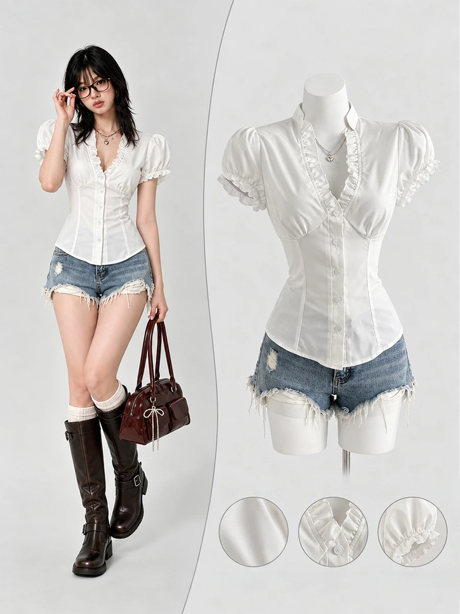 Elamini Minimalist American Style White Frill Trim V-Neck Short Sleeve Shirt, Pleated Cinched Waist Blouse For Women - White - View 1