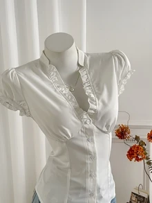 Elamini Minimalist American Style White Frill Trim V-Neck Short Sleeve Shirt, Pleated Cinched Waist Blouse For Women - White - View 5