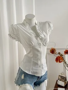 Elamini Minimalist American Style White Frill Trim V-Neck Short Sleeve Shirt, Pleated Cinched Waist Blouse For Women - White - View 6