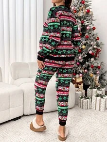 SHEIN Maternity Christmas Print Top And Pants Lounge Set 2pcs Deer Winter Coat Christmas Fall - Multicolor - View 4