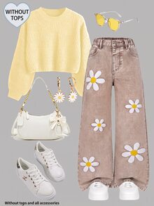 SHEIN Big Girls Cute Daisy Flower Pattern Wide Leg Denim Jeans, Elastic Waist Brown Washed Denim Pants, Fashionable Autumn Back To School Style Casual Long Pants For Girls - Coffee Brown - View 7