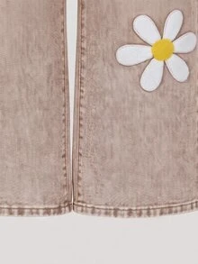 SHEIN Big Girls Cute Daisy Flower Pattern Wide Leg Denim Jeans, Elastic Waist Brown Washed Denim Pants, Fashionable Autumn Back To School Style Casual Long Pants For Girls - Coffee Brown - View 6