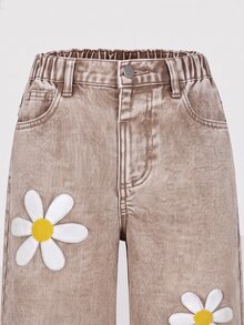 SHEIN Big Girls Cute Daisy Flower Pattern Wide Leg Denim Jeans, Elastic Waist Brown Washed Denim Pants, Fashionable Autumn Back To School Style Casual Long Pants For Girls - Coffee Brown - View 3