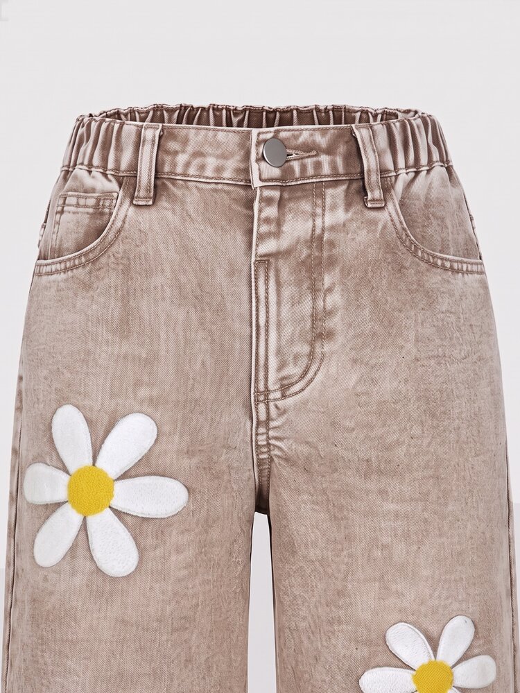 SHEIN Big Girls Cute Daisy Flower Pattern Wide Leg Denim Jeans, Elastic Waist Brown Washed Denim Pants, Fashionable Autumn Back To School Style Casual Long Pants For Girls - Coffee Brown - View 3