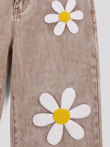 SHEIN Big Girls Cute Daisy Flower Pattern Wide Leg Denim Jeans, Elastic Waist Brown Washed Denim Pants, Fashionable Autumn Back To School Style Casual Long Pants For Girls - Coffee Brown - View 5