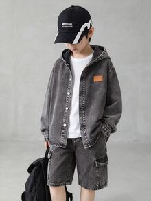 SHEIN 男童重磅水洗牛仔連帽夾克，深色水洗，秋季街頭風校園舒適牛仔外套，休閒親子穿搭 - 黑色 - 查看 3