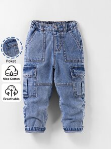 SHEIN Genkimix Kids 男童淺藍色丹寧工裝褲，冬季休閒日常穿著，彈性腰頭附可調抽繩，大口袋，寬鬆直筒版型 - 中等水洗藍 - 查看 3