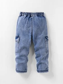 SHEIN Genkimix Kids 男童淺藍色丹寧工裝褲，冬季休閒日常穿著，彈性腰頭附可調抽繩，大口袋，寬鬆直筒版型 - 中等水洗藍 - 查看 2