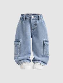 SHEIN Calça Denim Jeans Azul Claro com Efeito Lavado, Bolso Cargo, Ajuste Solto, Estilo de Rua Cool e Fashion para Bebê Menino, Outono - Lavagem clara - Visão 2