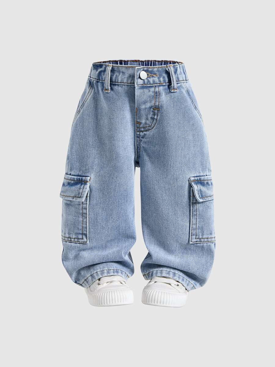SHEIN Calça Denim Jeans Azul Claro com Efeito Lavado, Bolso Cargo, Ajuste Solto, Estilo de Rua Cool e Fashion para Bebê Menino, Outono