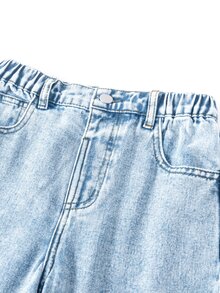 SHEIN 青少年女孩口袋寬腿寬鬆休閒毛邊牛仔褲，適合日常穿著、夏季、學校、運動，淺藍色，秋冬款 - 淺色水洗藍 - 查看 5