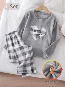 SHEIN 女童居家服套裝 灰色愛心與字母刺繡長袖上衣搭配格紋滿版印花刷毛長褲 - 灰色 - 查看 8