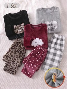 SHEIN 女童居家服套裝 灰色愛心與字母刺繡長袖上衣搭配格紋滿版印花刷毛長褲 - 灰色 - 查看 1