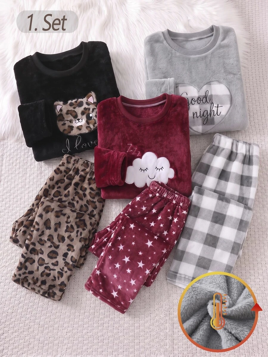 SHEIN 女童居家服套裝 灰色愛心與字母刺繡長袖上衣搭配格紋滿版印花刷毛長褲 - 灰色 - 查看 1