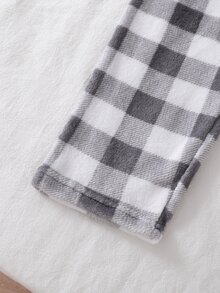 SHEIN 女童居家服套裝 灰色愛心與字母刺繡長袖上衣搭配格紋滿版印花刷毛長褲 - 灰色 - 查看 6