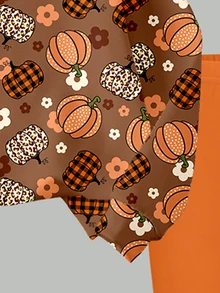 Halloween Clothes Girls Toddler Orange Baby Pumpkin Decor Basic Crew Neck Sweatshirt Leggings 2 Pieces Set Holiday Outfit Floral Checkerboard Birthday - Multicolor - View 7