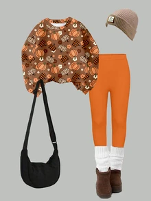 Halloween Clothes Girls Toddler Orange Baby Pumpkin Decor Basic Crew Neck Sweatshirt Leggings 2 Pieces Set Holiday Outfit Floral Checkerboard Birthday - Multicolor - View 4