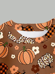 Halloween Clothes Girls Toddler Orange Baby Pumpkin Decor Basic Crew Neck Sweatshirt Leggings 2 Pieces Set Holiday Outfit Floral Checkerboard Birthday - Multicolor - View 6