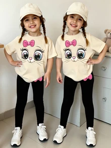 SHEIN Beige Black Fall Casual Cowgirl Cute School Student Back-To-School Girls Kitty Face Heart Bow Print T-Shirt And Leggings 2-Piece Set Holiday - Multicolor - View 2