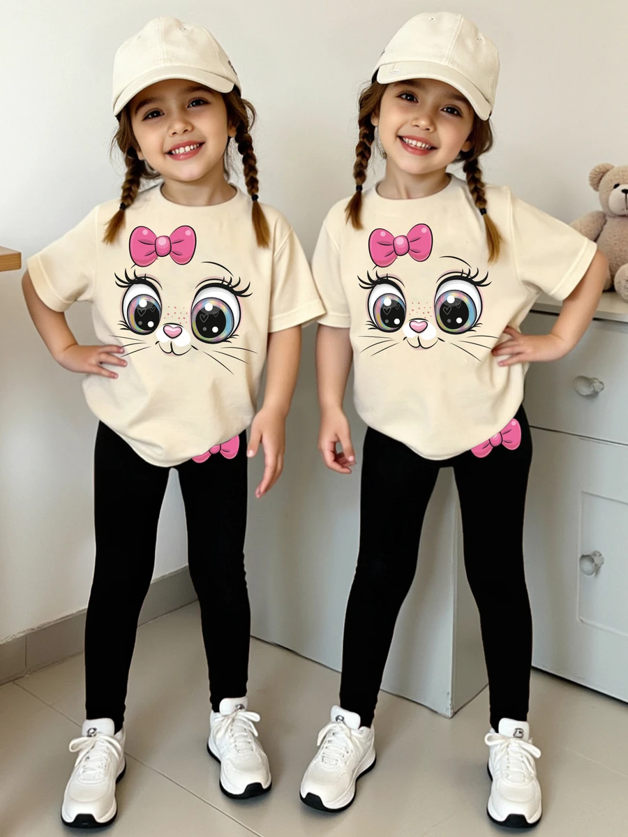 SHEIN Beige Black Fall Casual Cowgirl Cute School Student Back-To-School Girls Kitty Face Heart Bow Print T-Shirt And Leggings 2-Piece Set Holiday