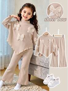 SHEIN 女童 2件組 秋冬可愛 3D蝴蝶結裝飾 假領不對稱羅紋上衣與荷葉邊喇叭褲套裝 秋季服飾 - 杏色 - 查看 2