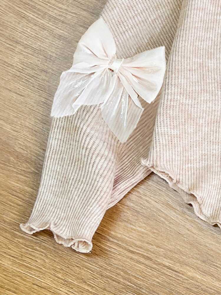 SHEIN Young Girls 2pcs Autumn/Winter Cute 3D Bow Decor Mock Neck Asymmetrical Ribbed Top & Lettuce Trim Flare Leg Pants Set Fall Clothing - Apricot - View 10
