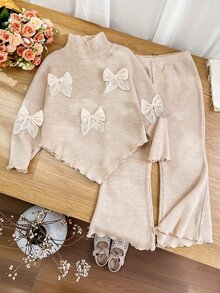 SHEIN 女童 2件組 秋冬可愛 3D蝴蝶結裝飾 假領不對稱羅紋上衣與荷葉邊喇叭褲套裝 秋季服飾 - 杏色 - 查看 7