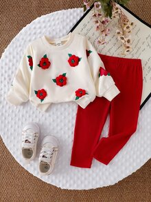 SHEIN Playful Pals 女嬰 2件組秋季米白色 3D紅色花朵衛衣長袖套頭衫與內搭褲可愛幼兒套裝秋季服飾家庭套裝 - 玫紅色 - 查看 2