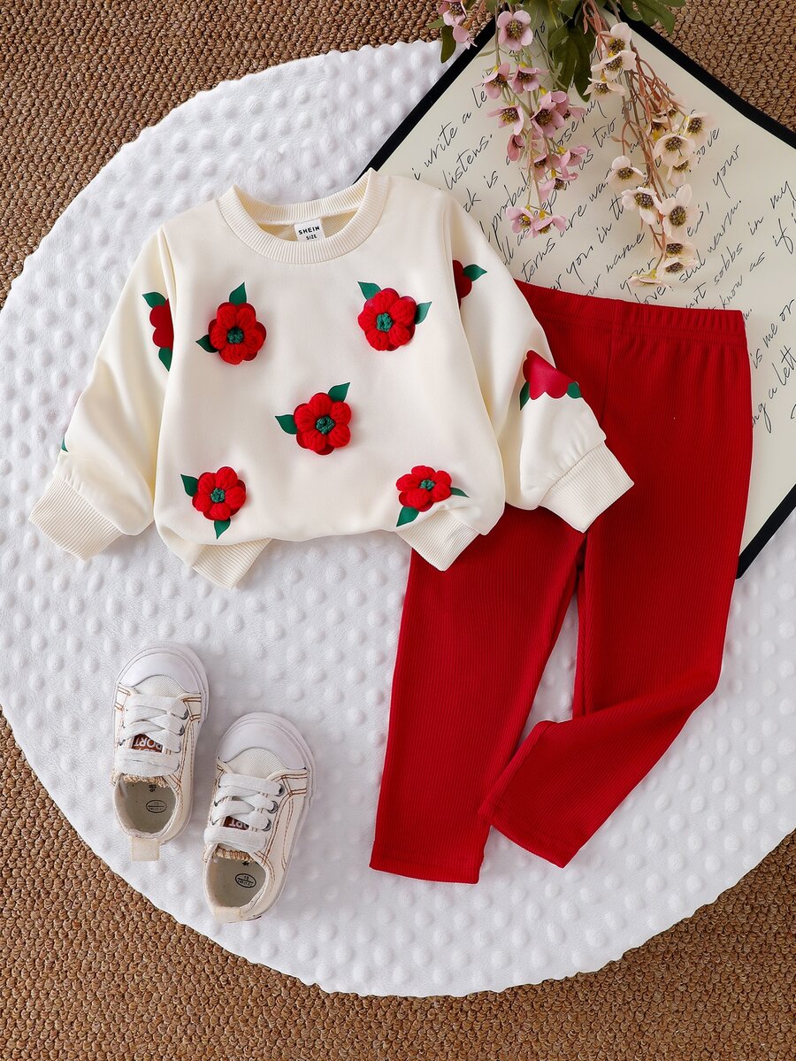 SHEIN Playful Pals 女嬰 2件組秋季米白色 3D紅色花朵衛衣長袖套頭衫與內搭褲可愛幼兒套裝秋季服飾家庭套裝