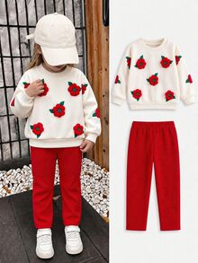SHEIN Playful Pals 女嬰 2件組秋季米白色 3D紅色花朵衛衣長袖套頭衫與內搭褲可愛幼兒套裝秋季服飾家庭套裝 - 玫紅色 - 查看 4
