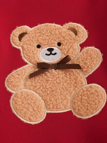 SHEIN Playful Pals 女童可愛甜美紅色米色毛絨熊貼布蝴蝶結網紗長袖圓領休閒派對冬季洋裝 - 紅色 - 查看 5