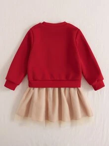 SHEIN Playful Pals 女童可愛甜美紅色米色毛絨熊貼布蝴蝶結網紗長袖圓領休閒派對冬季洋裝 - 紅色 - 查看 3