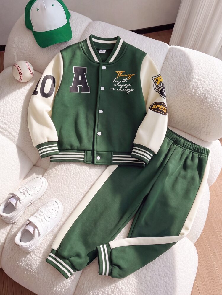 Playful Pals 2pcs Toddler Boy Varsity Jacket Pants Preppy Green Beige Letter Embroidery Long Sleeve Baseball Neck Regular Birthday Party Autumn Big Brother Active - Green - View 5