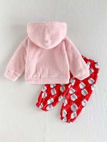 SHEIN 2件組幼兒女嬰連帽褲套裝 可愛粉紅紅聖誕老人貼布 毛茸茸長袖連帽加厚休閒裝 秋冬節日款 鬆緊腰毛絨 - 紅色 - 查看 2