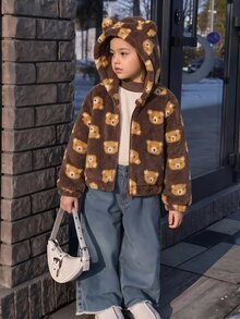 SHEIN Elladie kids Young Girls Soft Cute Bear Style Coffee Brown Plush Jacket, Fluffy Long Pile Fabric All-Over Light Yellow Bear Head Print, 3D Ears Hood, Winter - Brown - View 7