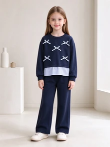 SHEIN Young Girls 2pcs Fake Two-Piece Sweatshirt & Flare Pants Set, Cute 3D Bow Accent Navy Long Sleeve Top & Bell Bottom Trousers Casual Fall Suits - Navy Blue - View 9