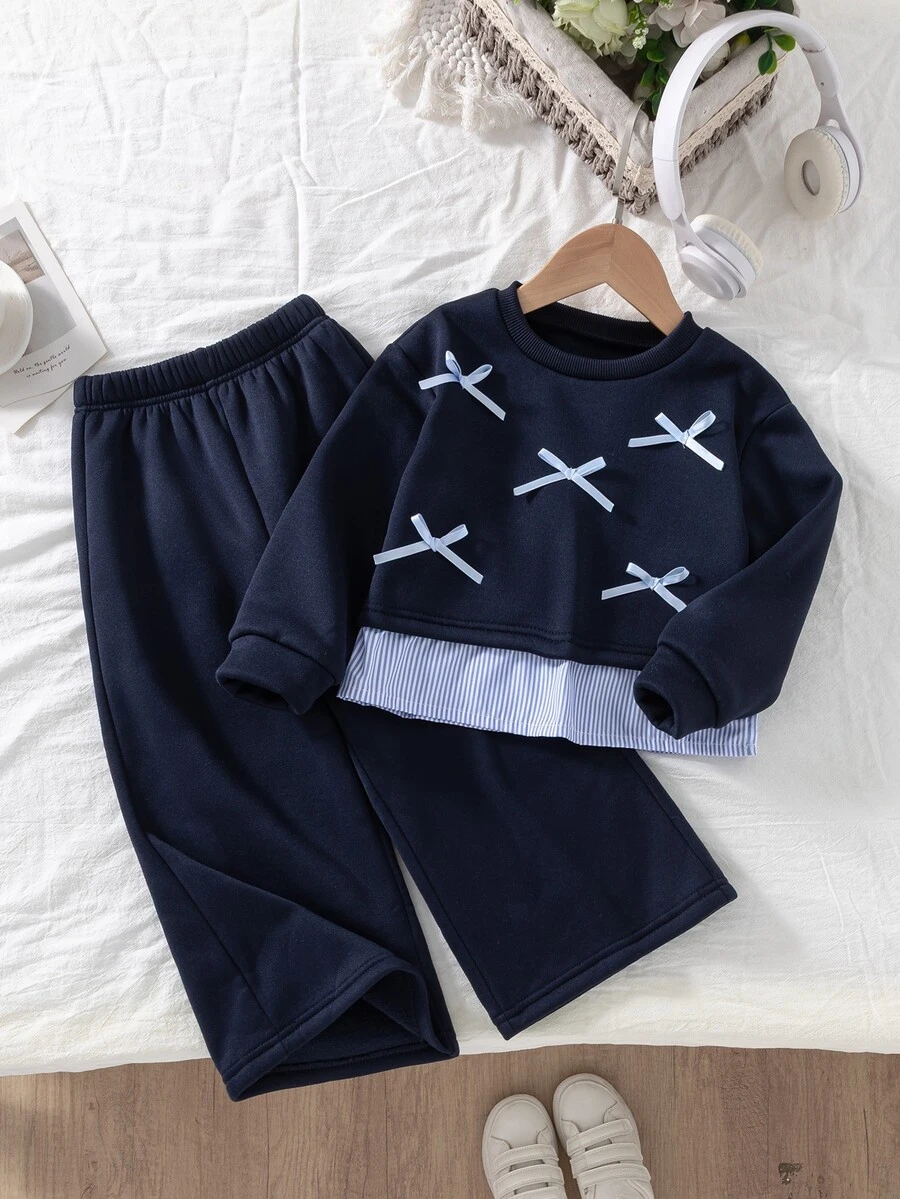 SHEIN Young Girls 2pcs Fake Two-Piece Sweatshirt & Flare Pants Set, Cute 3D Bow Accent Navy Long Sleeve Top & Bell Bottom Trousers Casual Fall Suits