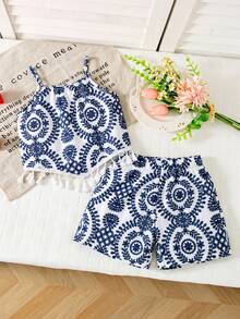 Conjunto de 2 piezas para niña pequeña casual con estampado integral, dobladillo con borlas, tirantes finos y shorts, blanco, verano, para 7º cumpleaños - Multicolor - Ver 4