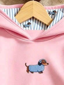 幼女幼童秋季休閒清新極簡可愛卡通小狗藍白條紋圖案連帽粉色運動衫上衣 - 彩色 - 查看 6