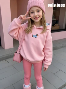 幼女幼童秋季休閒清新極簡可愛卡通小狗藍白條紋圖案連帽粉色運動衫上衣 - 彩色 - 查看 3